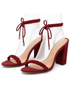 Schutz Lainna Braided Lace-Up Block Heel Sandals Red Suede 8